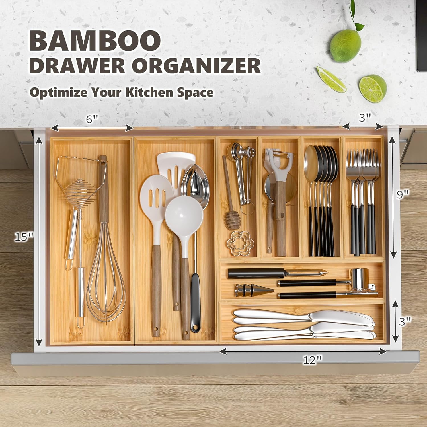Kitchen Drawer Organizer Bins, Stackable Bamboo Deep for Silverware, Utensils, Cutlery, Flatware, Junk Drawer, Dresser, Bathroom, 15" x 6" 2.5" (Set of 2)