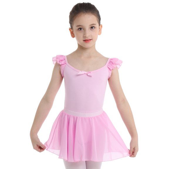 DPOIS Girls Ruffle Sleeve Gymnastic Ballet Dance Leotard Tutu Skirt Dress