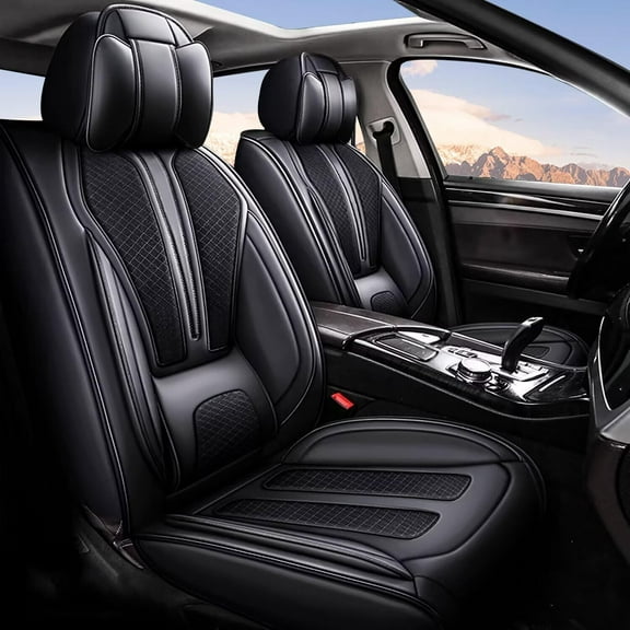JIAMAOXIN 2pcs Car Seat Covers Front Set with Waterproof Leather,Airbag Compatible Automotive Vehicle Cushion Cover Universal fit for Most Cars (Black)