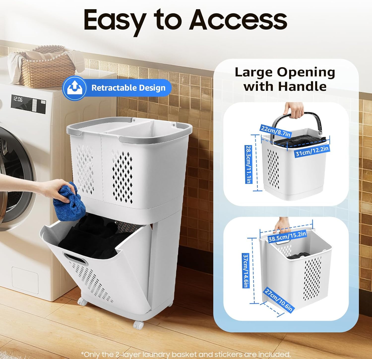 2 Tier Laundry Hamper Basket Sorter, Floor-Standing 360° Rolling Large Laundry Basket, Stackable Storage Bins Open Front, Dirty Clothes Hamper