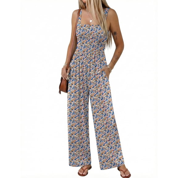 Ekouaer Women' Casual Loose Jumpsuits One Piece Sleeveless Overalls Printed Long Pant Romper Fashion Boho Jumper with Pocket Floral Blue