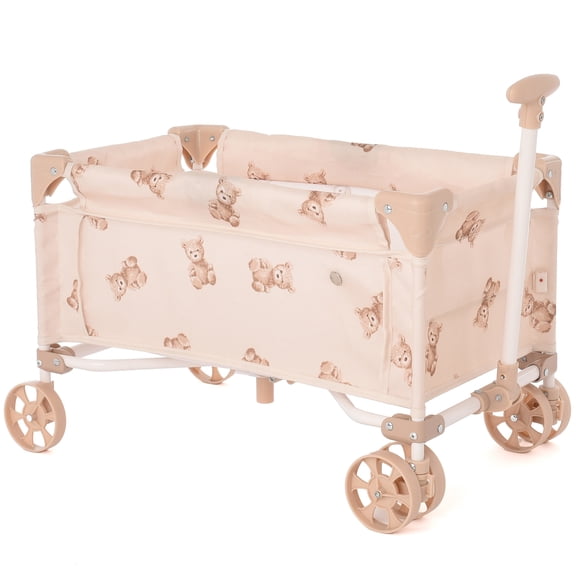 Roma Prams: Teddy Toy Wagon - Beige & Bear - Push & Pull Cart, Transport Dolls-Toys-Stuffed Animals, Storage Accessory, Folding, In-Outdoor, Kids 3