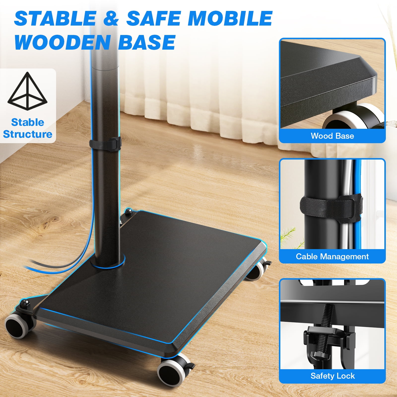 RTVR 32 to 60 inch Mobile TV Stand Cart, Tall Floor TV Stand with Swivel Mount, Height Adjustable Rolling Furniture Black