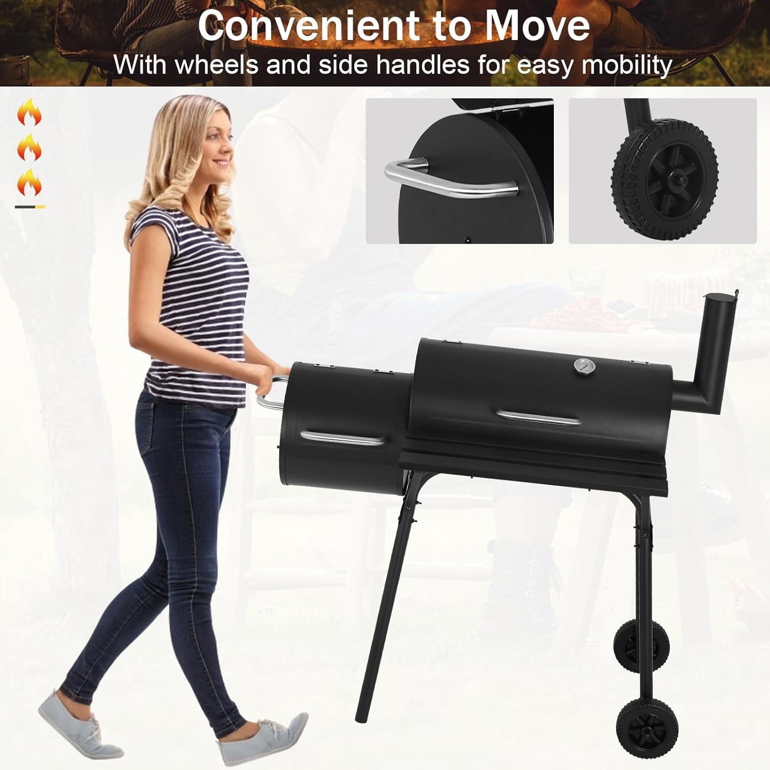 Dkelincs 43" Portable Charcoal Grills with Offset Smoker and Thermometer, Outdoor Barbecue Grill for BBQ Camping Picnic
