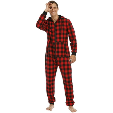 

Men s Flannel Plaid Hooded One-Piece Home Wear Pajamas Red XL
