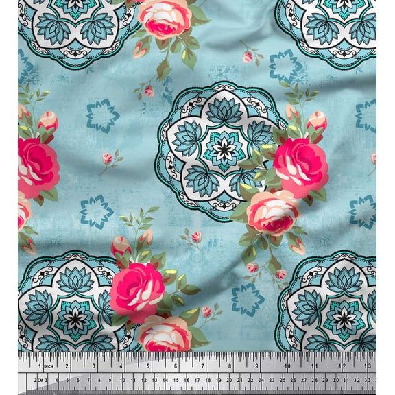 Soimoi Georgette Viscose Fabric Rose & Mandala Decorative Print Sewing Fabric Yard 42 Inch Wide