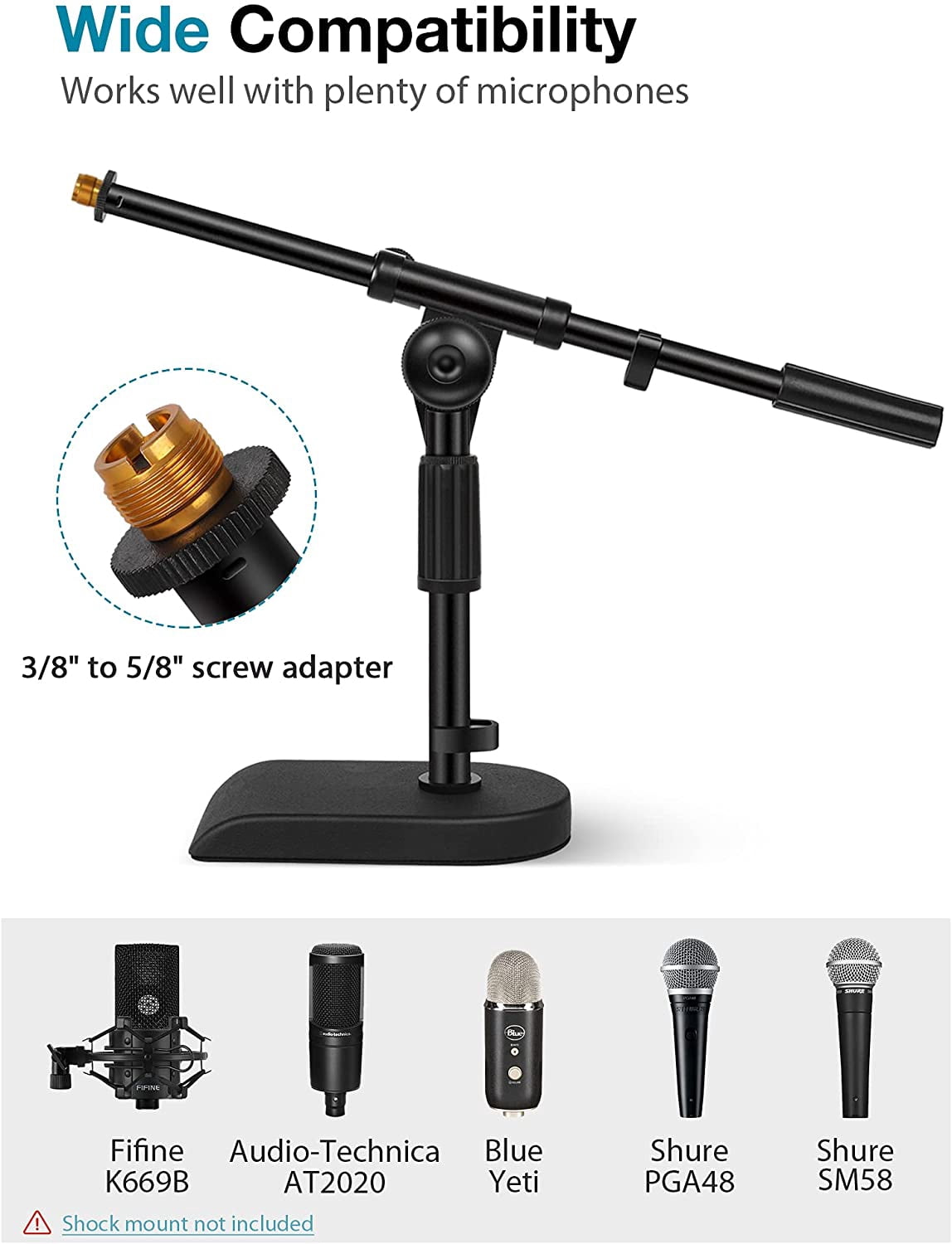 Stand with Weighted Base & 8 Pieces Mic Adapter for Microphone Arm Clip Shock Mount Camera Tripod