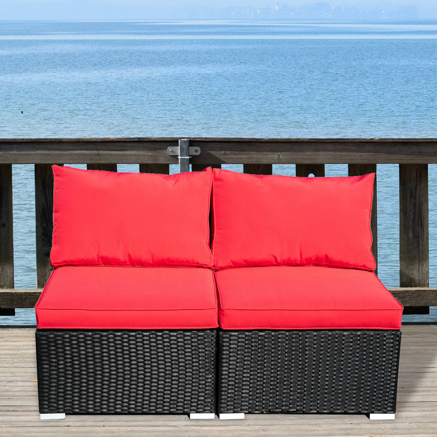 Ainfox Outdoor Patio Furniture 2 Pieces Pe Rattan Wicker Sectional Sofa Sets With Blue Pillows Cushions White Pillows Walmart Com Walmart Com