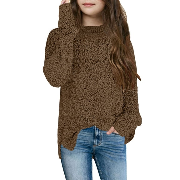 Sherrylily Girl Fuzzy Warm Sweater Crew Neck Chunky Side Slit Jumper Pullover Outwear