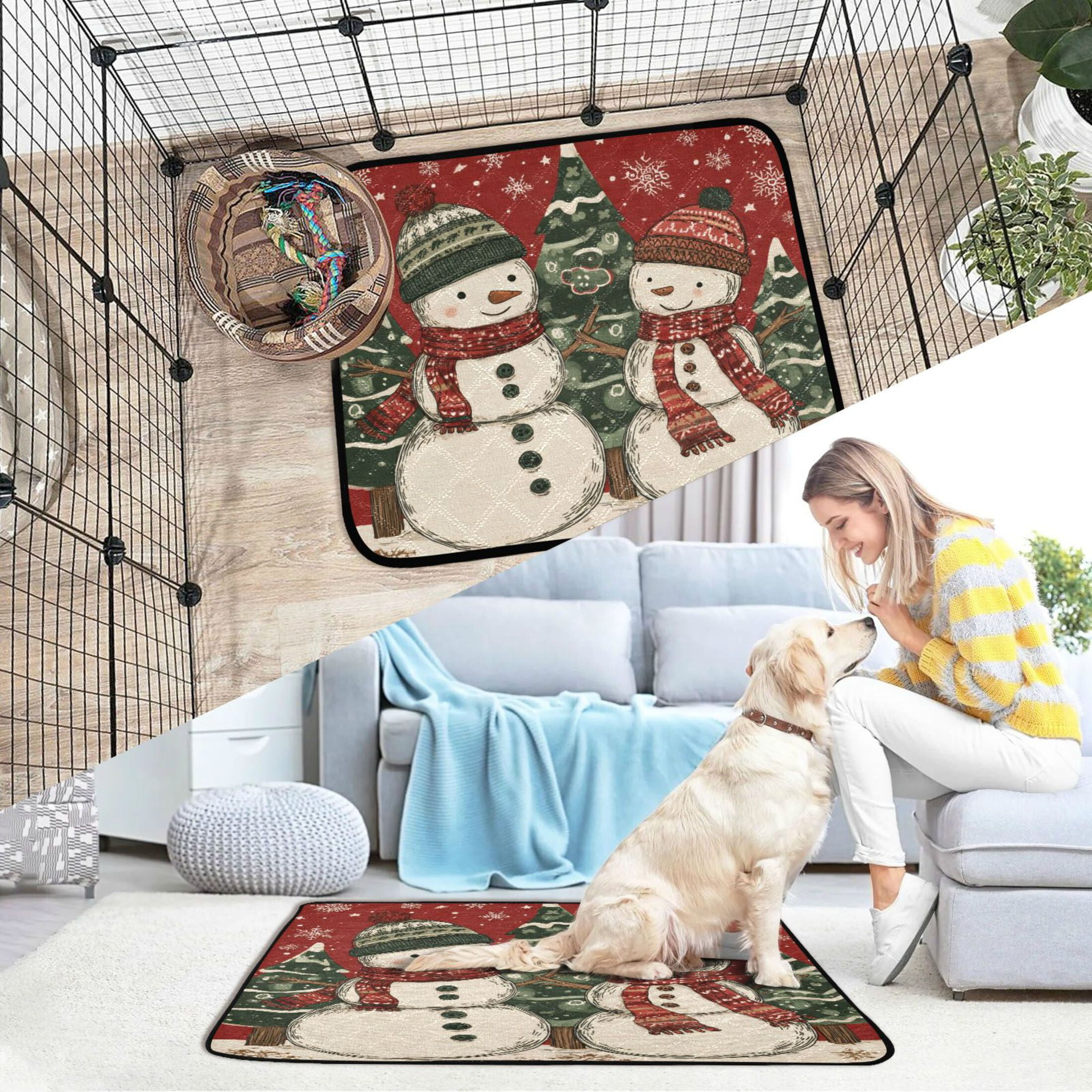 Qxltty Snowman Twins Cat litter Pads Pet Set of 2 Diaper Mats Center Anti-leakage Layer Absorbent Soft and Comfortable