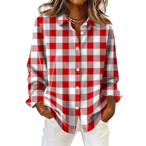 KDDYLITQ Plaid Shirts for Women Long Sleeve Patchwork Top Button Down Lapel Collar Blouses Trendy Lightweight Fashion Jacket Red 2XL