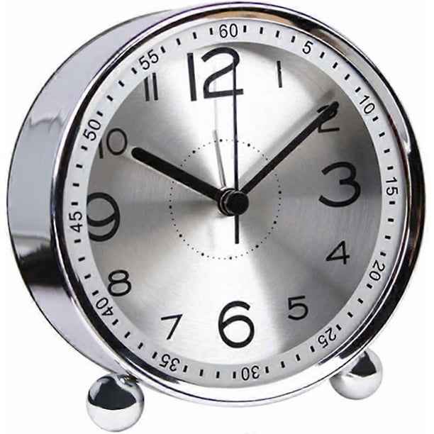 4 Inch Silent Metal Alarm Clock Morning, Retro Sound Alarm, Battery Powered Electromechanical Alarm Clock, Travel Clock (Silver)
