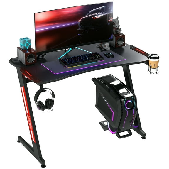 HOMCOM 47" Racing Style Gaming Desk, Z-Shaped Computer Table Workstation with LED Lights, Swivel Cup Holder, Headphone Hook and Cable Management Holes for Gamers Home Office, Black