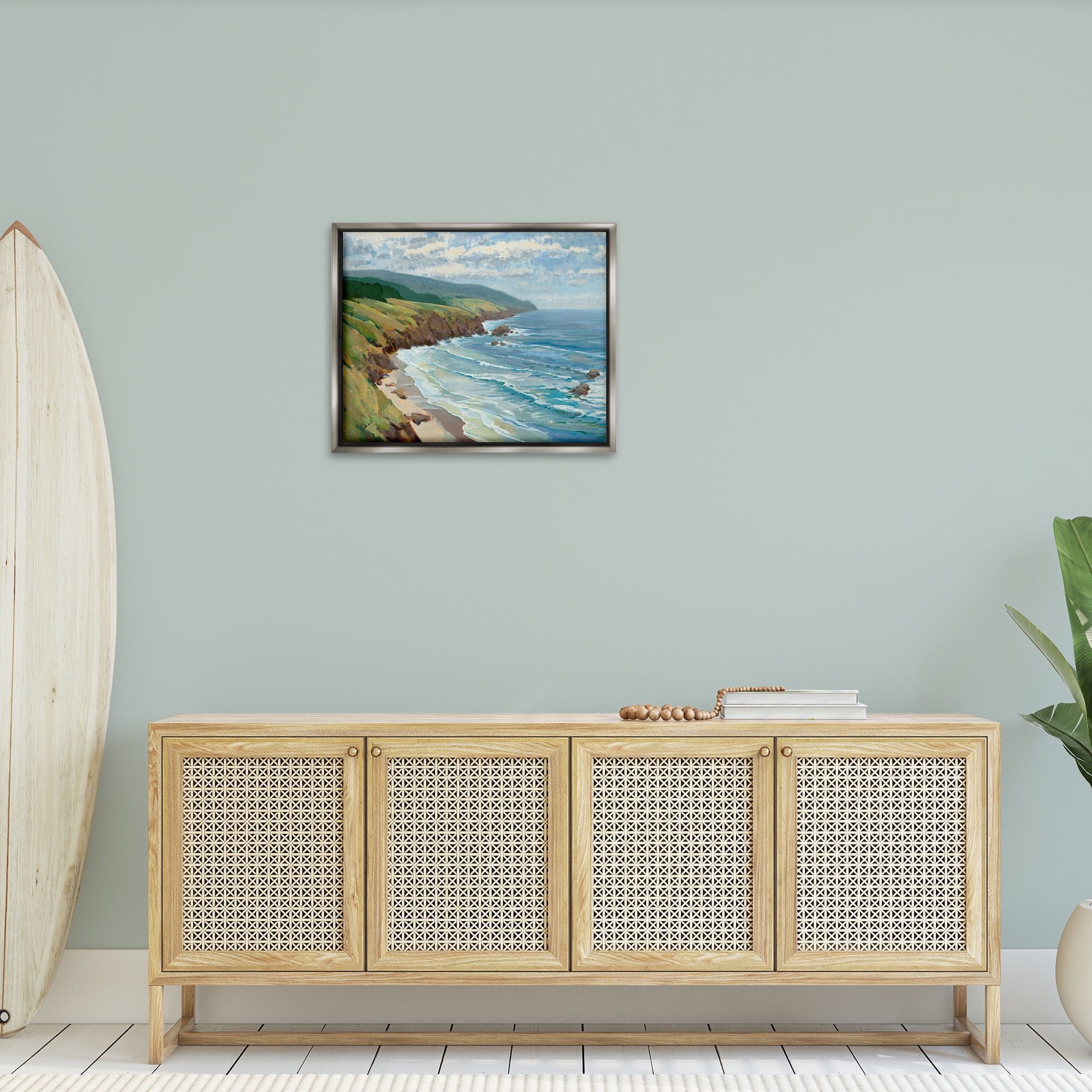 Stupell Industries Overlooking Beach Cliffs Landscape Painting Gray Floater Framed Canvas Art Print Wall Art, 31 x 25
