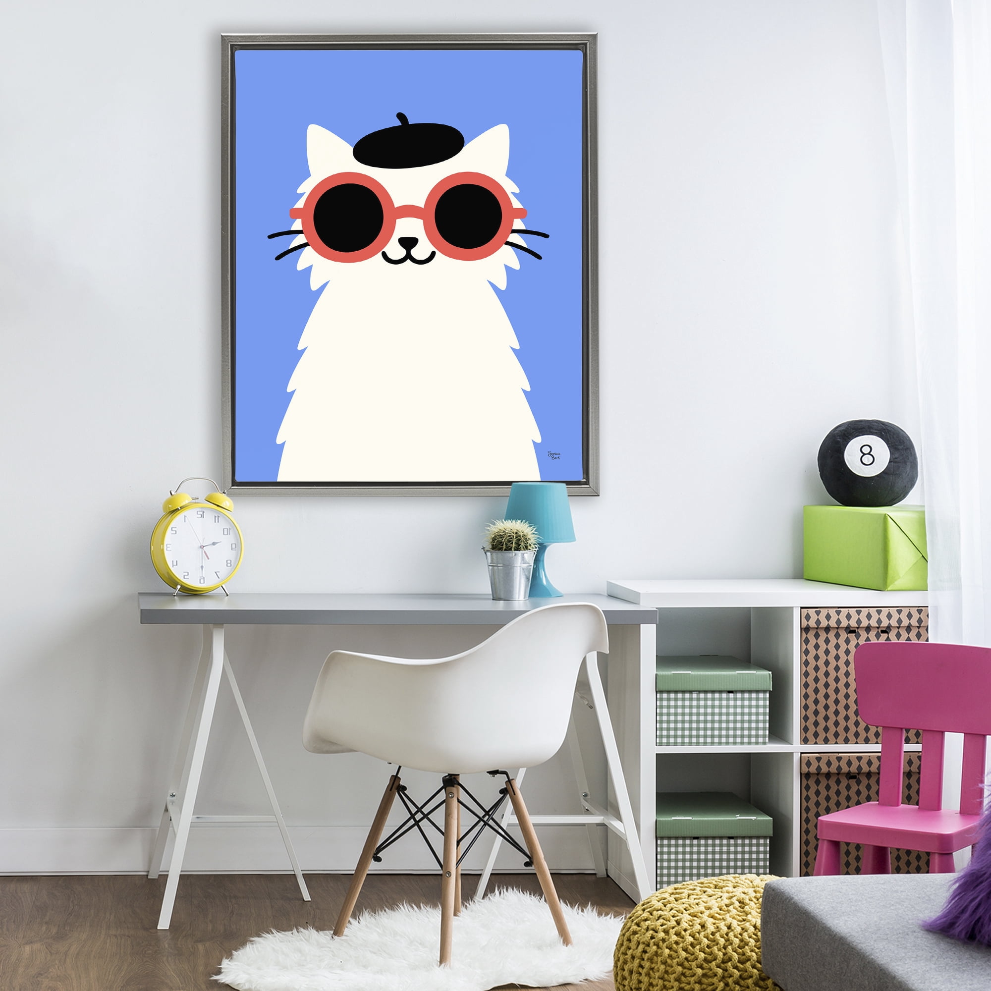 Stylish French Cat Gray Framed Floater Canvas Wall Art, design by Jessica Beck