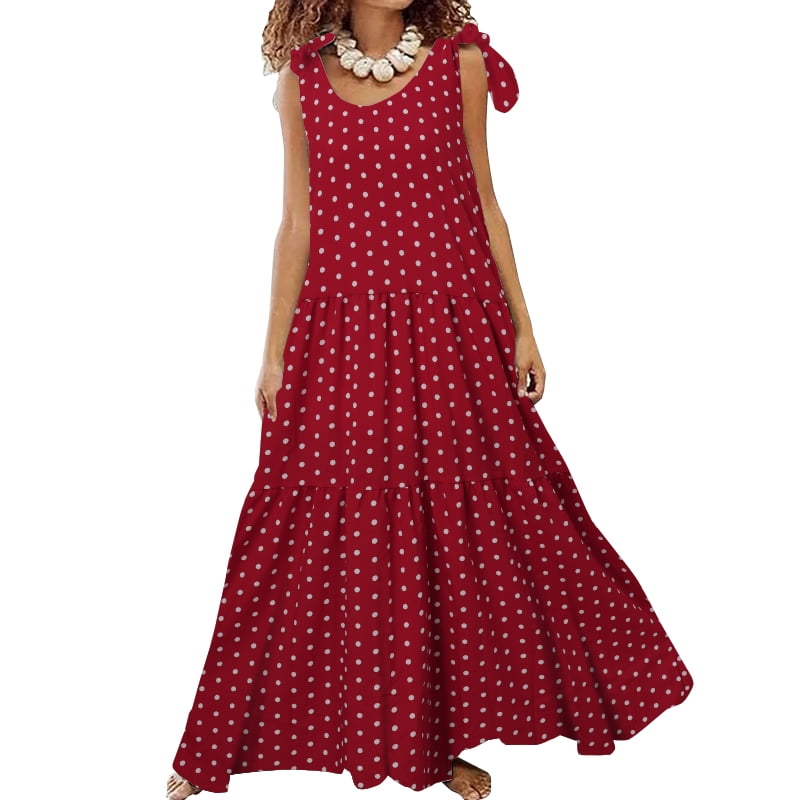 ZANZEA Womens Maxi Dresses Sleeveless ALine Tiered Long Sundress Polka