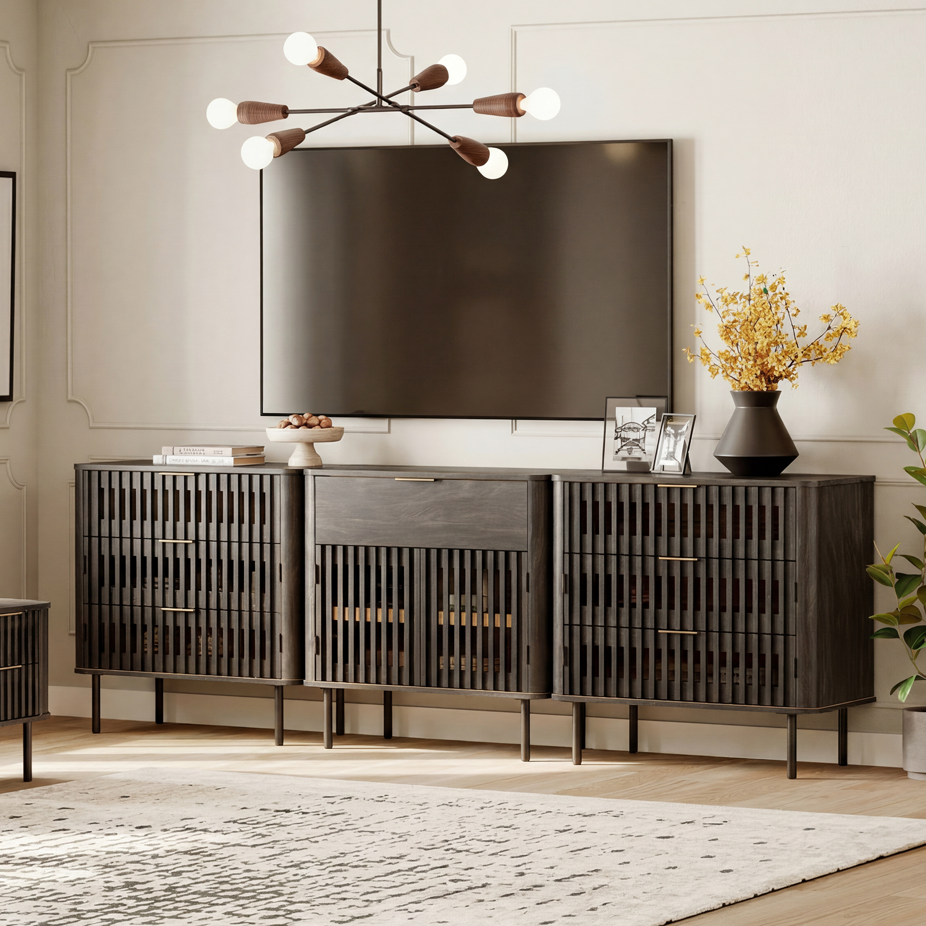 94.5" W Large TV Stand for 85 Inch TV, Wood Entertainment Center with Cabinets and Drawers, Mid-Century Modern Media Console for Living Room, Black