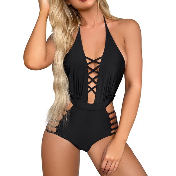 Sngxgn Womens Swimsuits Tummy Control Bathing Suit for Women Push Up Swimwear V Neck High Cut(Black,XXL)