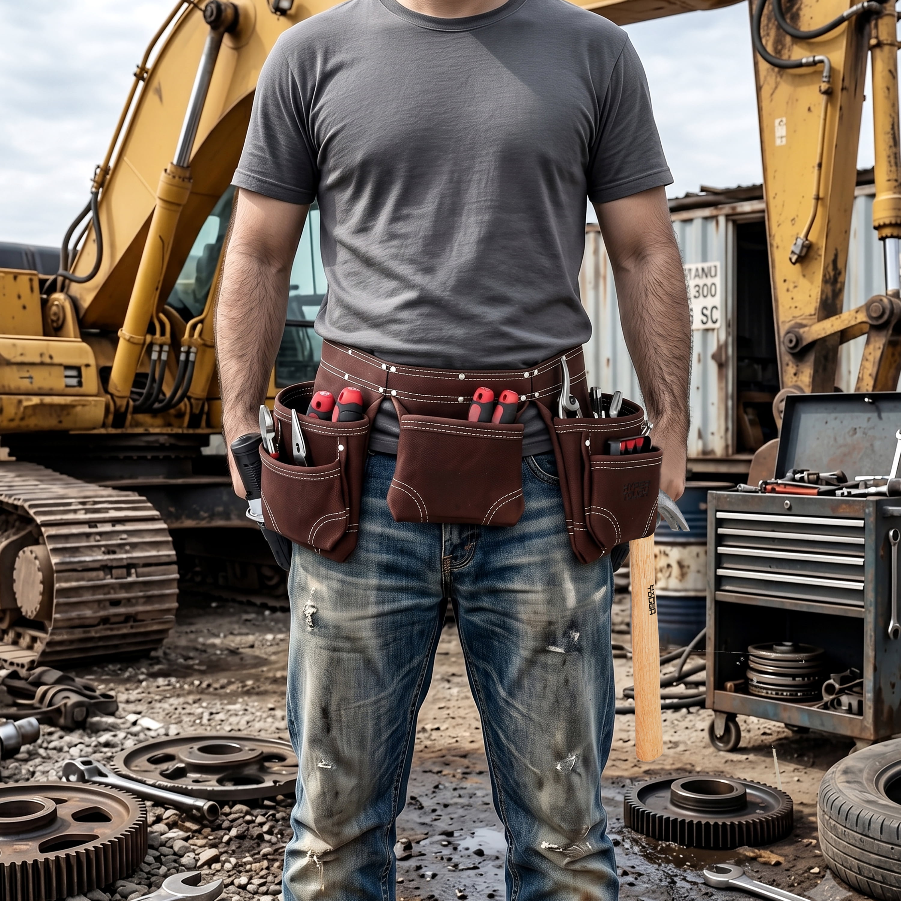 Hyper Tough 11-Pocket Double-Stitched Suede Brown Leather Tool Belt