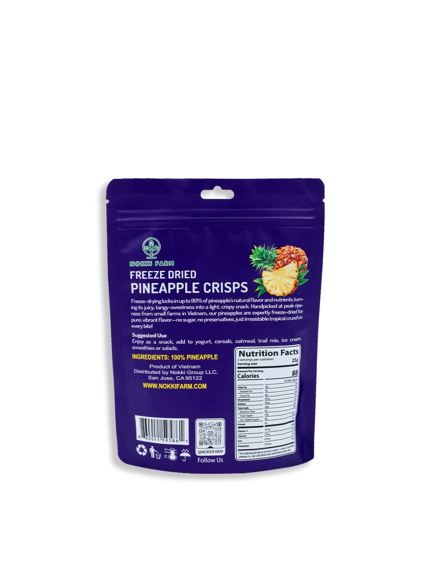 NOKKI FARM Freeze Pineapple Fruit, Healthy & Exotic Tropical Superfood Snacks, Kid-Approved, No Added Sugar or Preservatives, Shelf-Stable, 1.73 Oz, 3 Pack