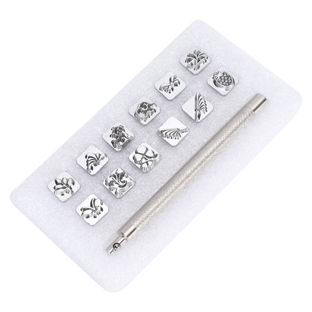 12Pcs Stamping Punch Tool Plants Animals Pattern DIY Leather Craft Carving Stamper + 1Pc Handle