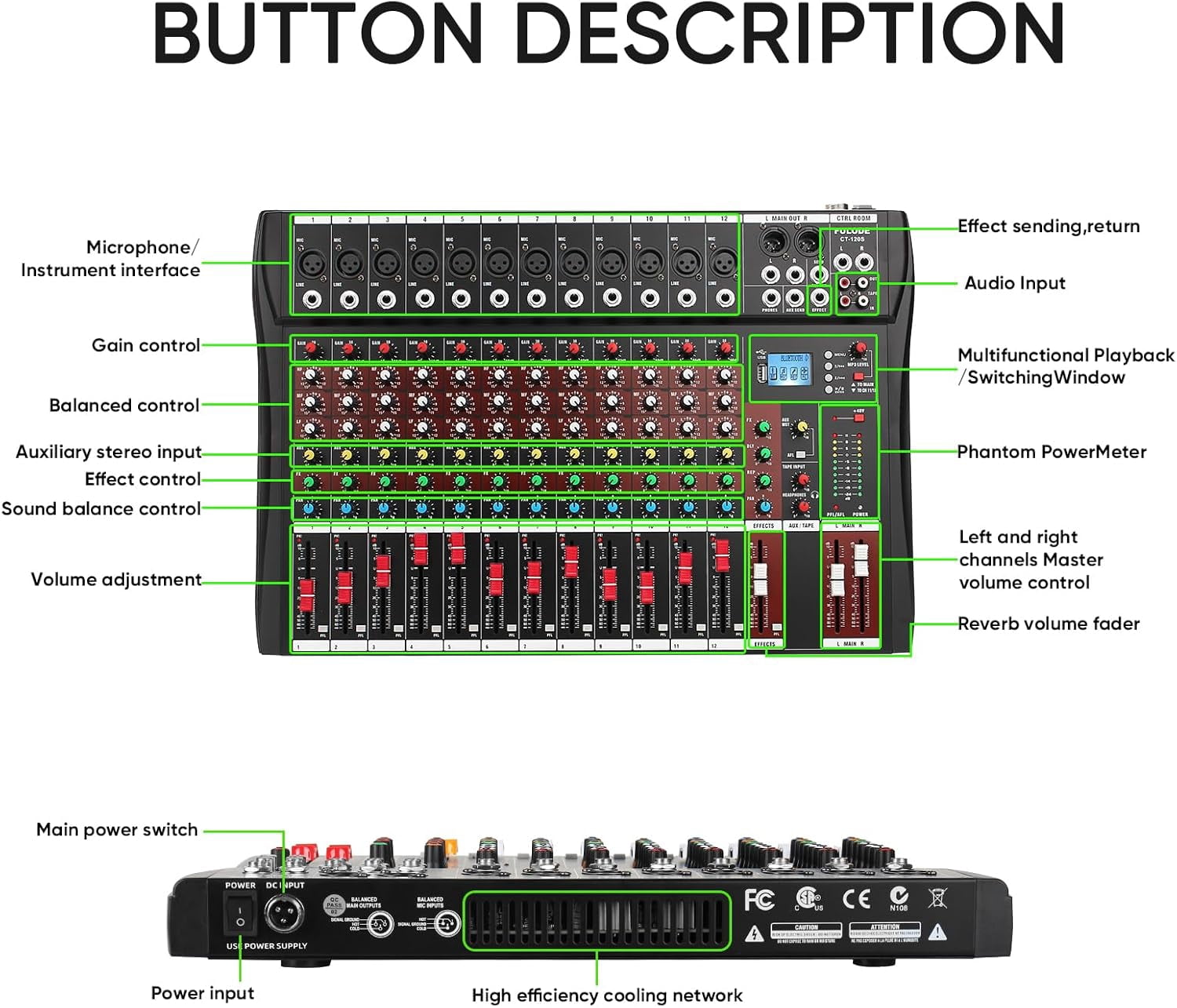 12 Channel Mixer Audio Console, Professional Music Mixer DJ Mixing Board with Reverb Bluetooth MP3 Player 48V Phantom Power Supply USB Recording for Studio Karaoke Live Performance