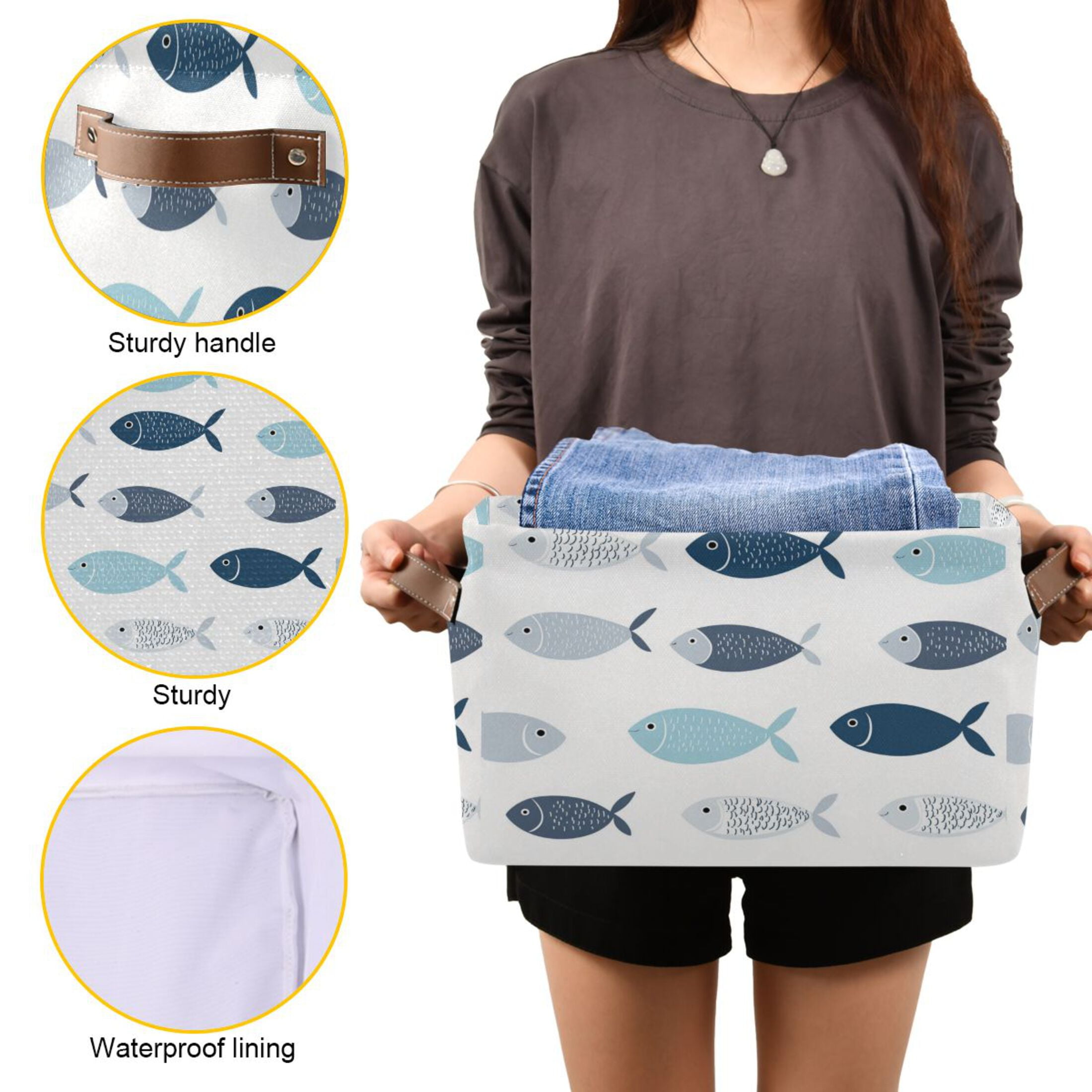 Simple and Cute Fish Foldable Storage Basket,Canvas Fabric Foldable Storage Bins with Handles Open Home Storage Bins Boxes for Toy Book Shelf Closet Baskets