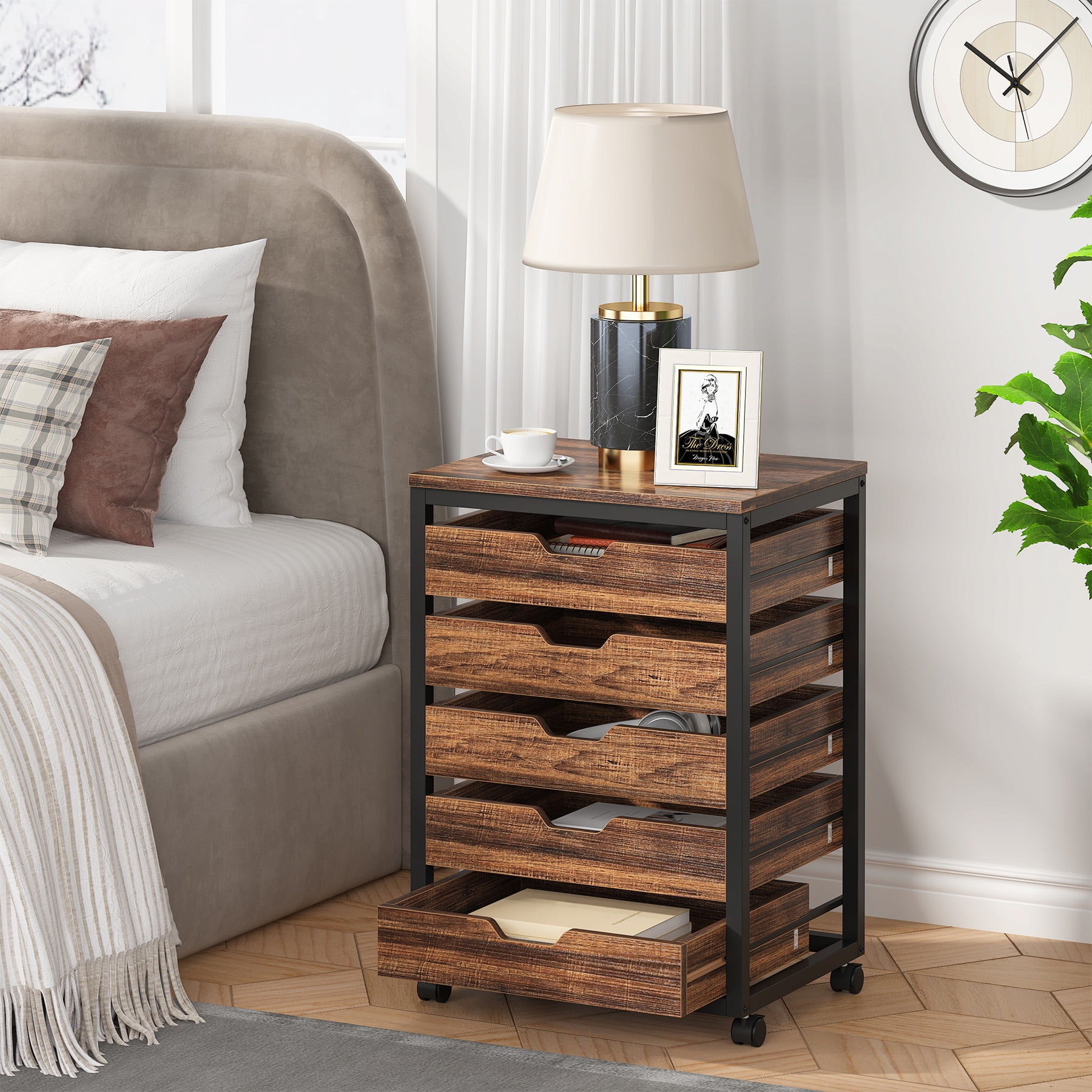 Tribesigns 5 Drawer Chest, Wood Storage Dresser Cabinet with Wheels, Industrial Storage Drawer Organizer Cart for Office Bedroom Entryway, Rustic Brown