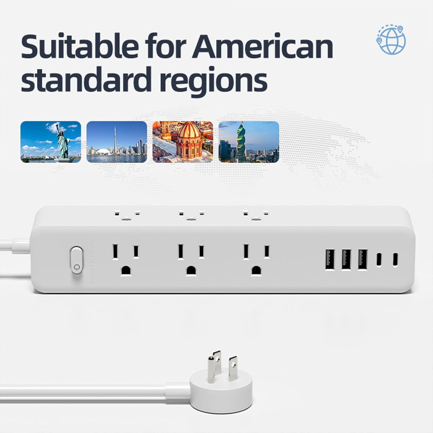 ZHENYEMEI Surge Protector Power Strip, 5 ft Flat Plug Long Extension Cord, Multi Plug Outlet Extender, 9 Outlets 3 USB A & 2 USB C Ports for Travel Home Office Entertainment, White