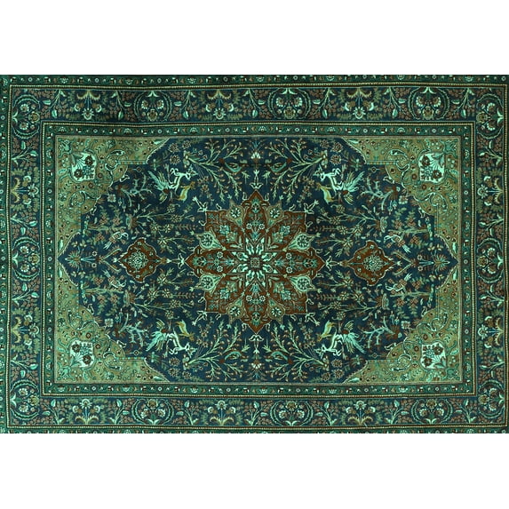 Ahgly Company Machine Washable Indoor Rectangle Medallion Turquoise Blue Traditional Area Rugs, 5' x 8'
