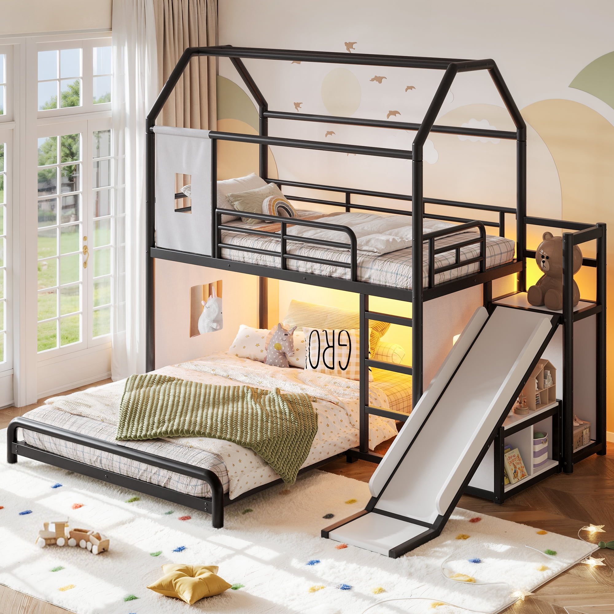 HOQBN Metal Bunk Bed Twin over Full,Playhouse Bunk Bed Frame with Slide & Ladder,LED Light Strip, Privacy Curtain, Movable Storage Cabinet and Hanging Rod,Black
