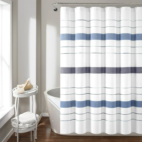 Lush Decor Chic Stripe Yarn Dyed Eco-Friendly Recycled Cotton Shower Curtain Navy Single 72X72