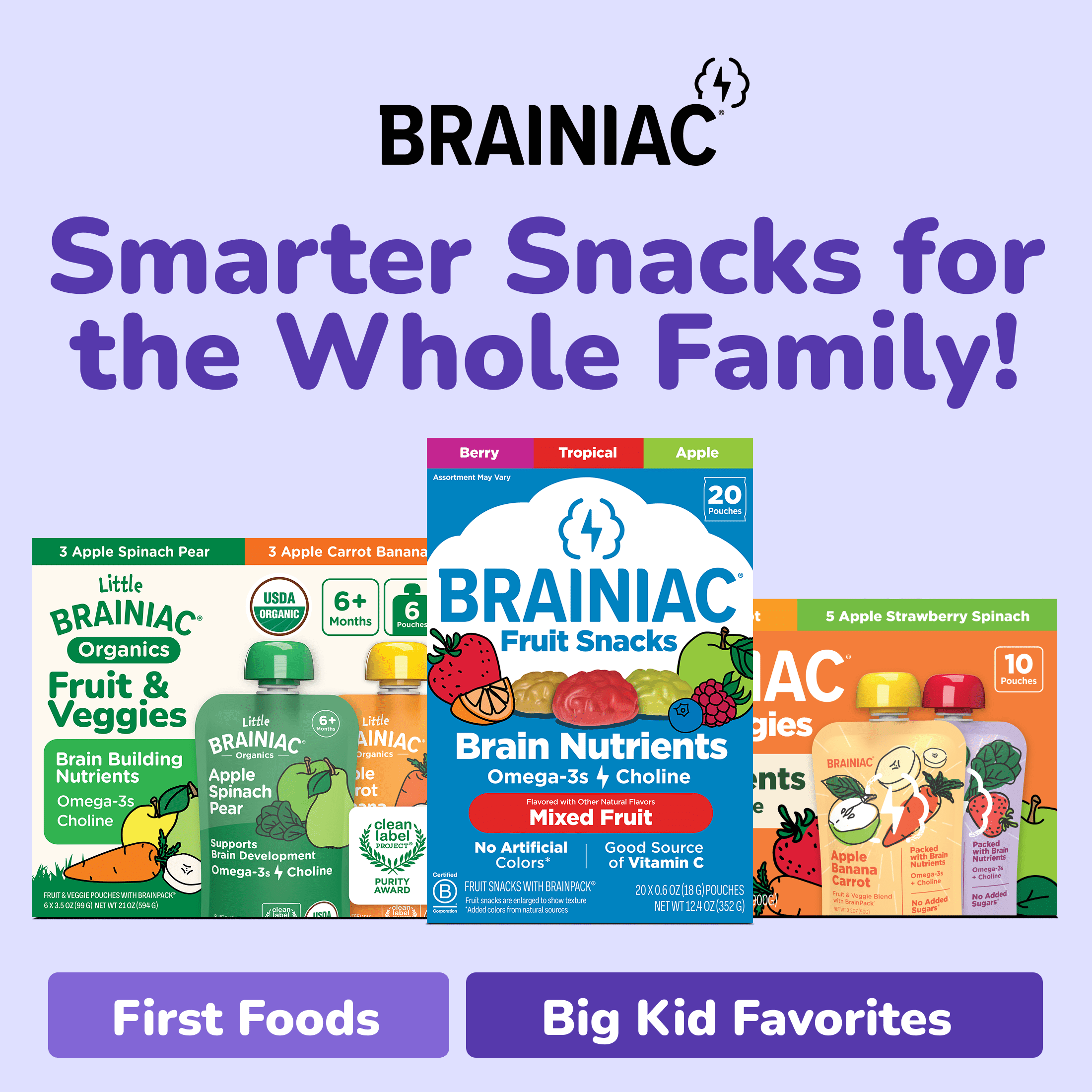 Little Brainiac Neuro+ Smoothie Baby Food Pouch with Omega-3s, Blueberry Carrot, 3.5oz, 6ct