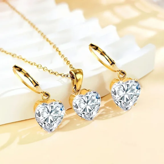 Solitaire Pendant Necklace & Earring Jewelry Set 14K Yellow Gold Plated 2Ct Heart Simulated Diamond