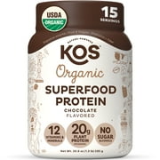 KOS Plant Based Protein Powder, Chocolate USDA Organic - Low Carb Pea Protein Blend, Vegan Superfood with Vitamins & Minerals - Keto, Soy, Dairy Free - Meal Replacement for Women & Men - 15 Servings