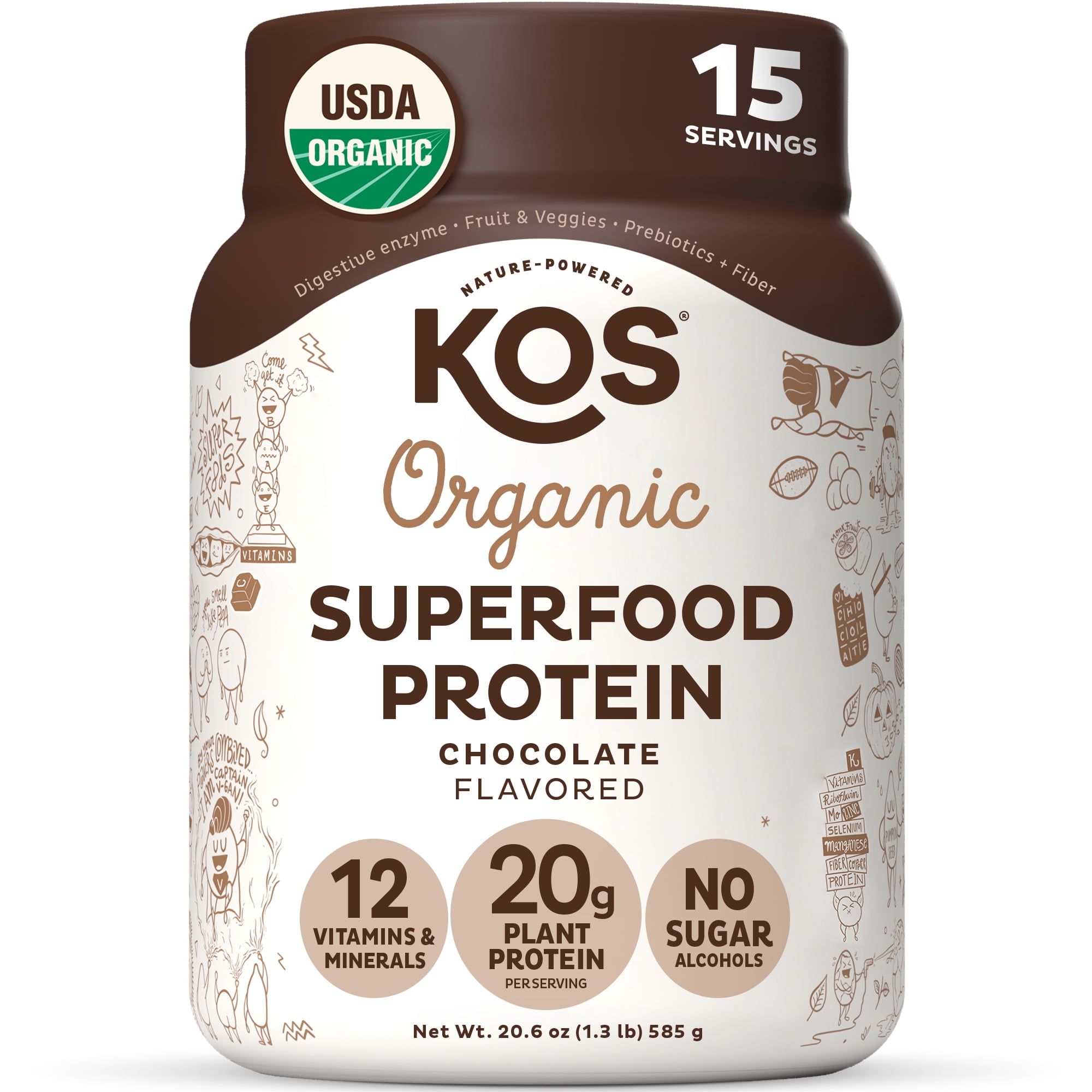 KOS Plant Based Protein Powder, Chocolate USDA Organic - Low Carb Pea Protein Blend, Vegan Superfood with Vitamins & Minerals - Keto, Soy, Dairy Free - Meal Replacement for Women & Men - 15 Servings