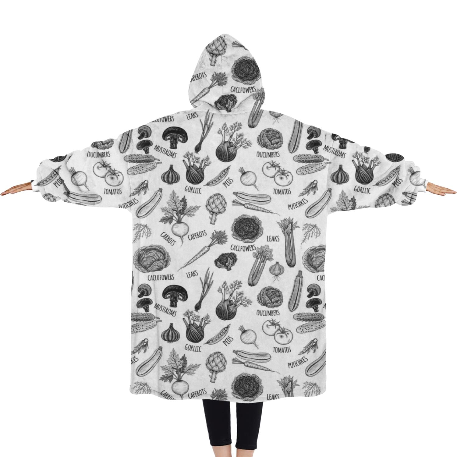 Oversized Wearable Blanket Hoodie,White Vegetable Pattern Sherpa Blanket Hoodie with Super Pockets,Super Warm Fuzzy Pullover for Women & Men