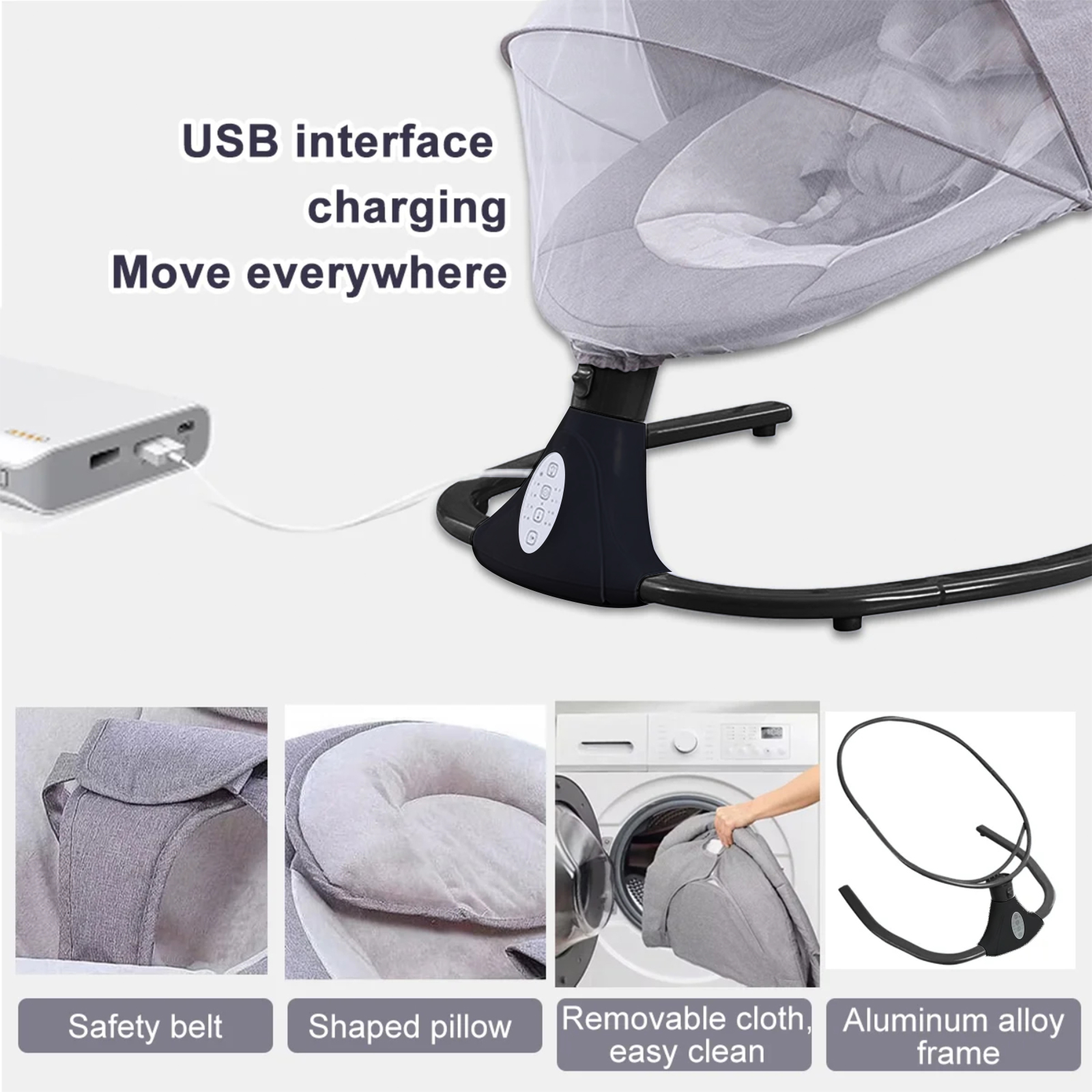 HAOUUCYIN Electric Baby Swing, bluetooth Music Infant Bouncer with 12 Lullabies for Boys Girls, Black&Gray