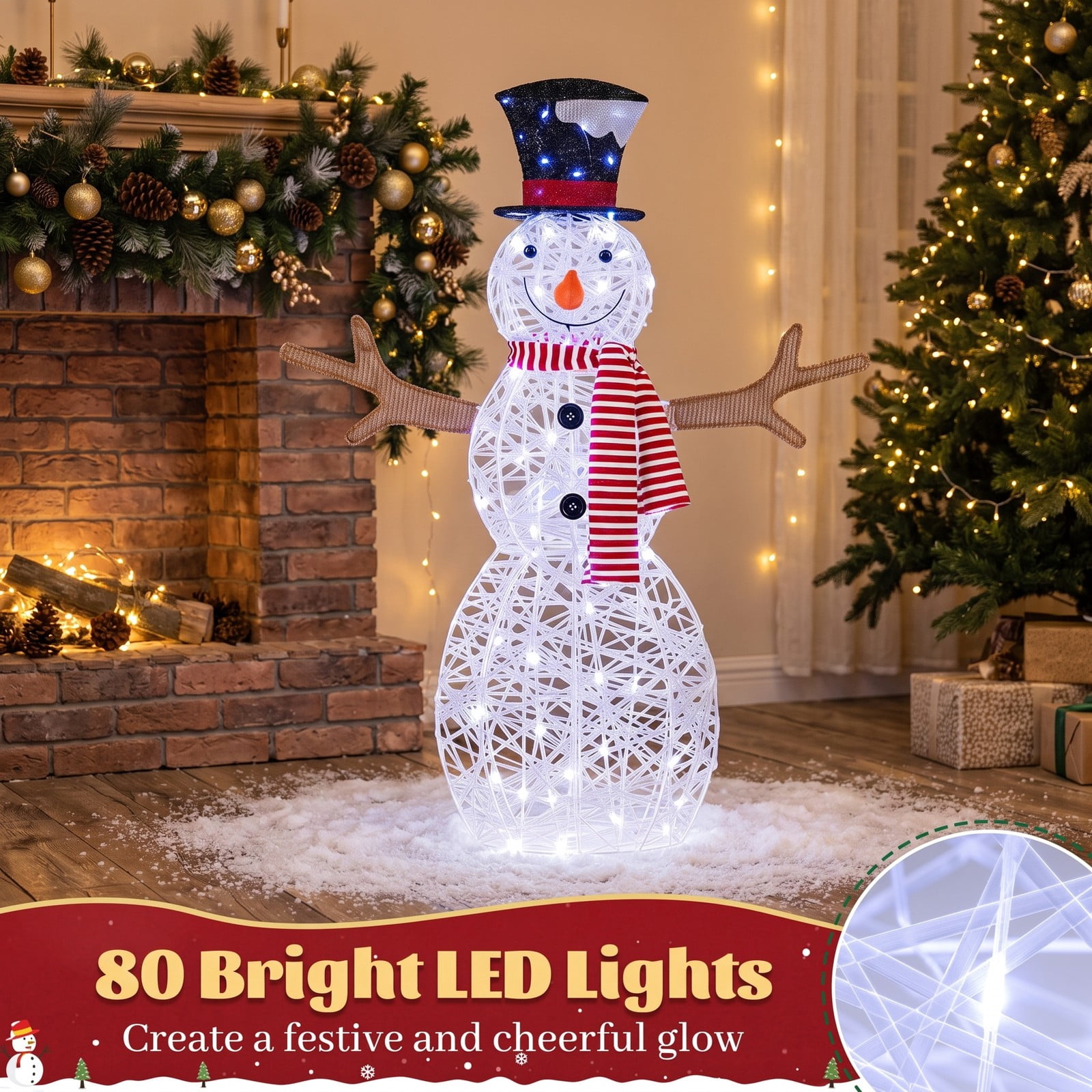 ALPULON Lighted Snowman Christmas Decoration with 80 Cold White LED Lights, Outdoor Waterproof Metal Frame Holiday Yard Decor with Ground Stakes, White