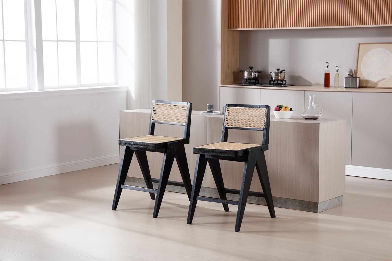 Dayalane 26" Rattan Counter Height Bar Stools Set of 2, French Bar Stools with Cane Back, Wooden Farmhouse Kitchen Chairs Counter Stools with Footrest for Kitchen Island Bistro Bar, Beige