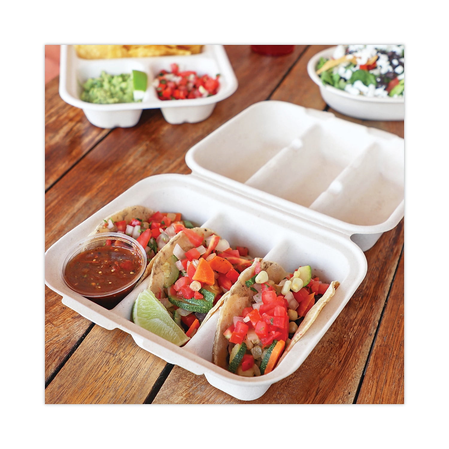 World Centrics 8x7x3 in Taco Box - 3-Compt - Unbleached Plant Fiber