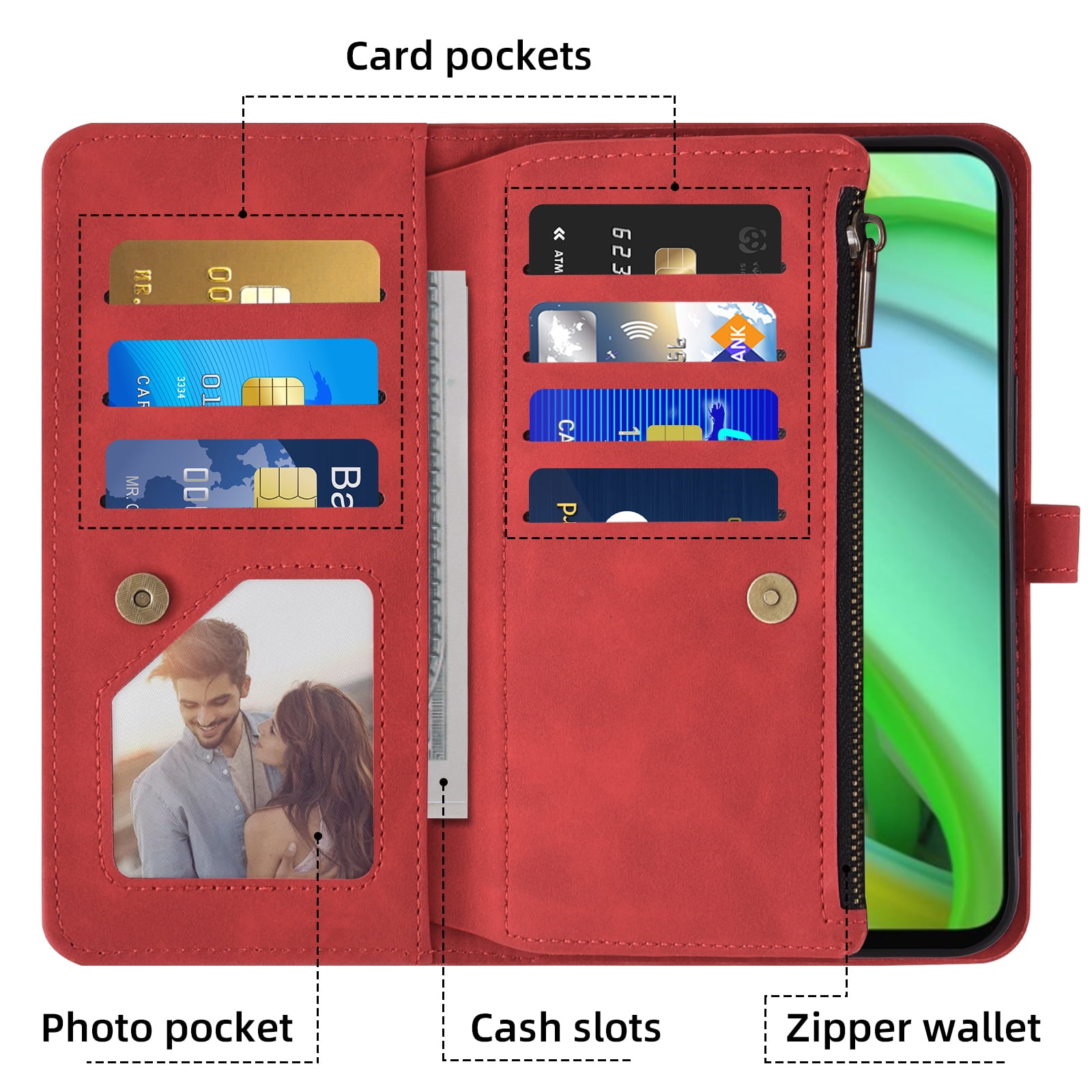 Asuwish Phone Case for Motorola Moto G Power 5G 2023 Wallet Cover With Tempered Glass Screen Protector Crossbody Wrist Strap Flip Pattern Zipper Credit Card Holder Stand Cell GPower G5 Women Men Red