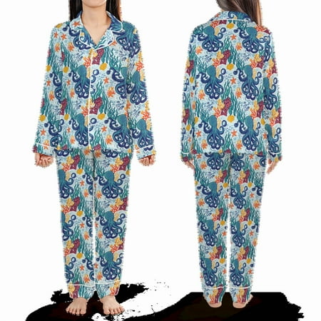 Lotusprinthandmade Octopus Art All-over Print Satin Pajamas Set (No Pocket) (L) - Octopus Outfit Set
