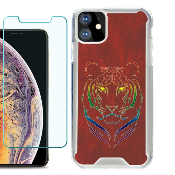 For Apple iPhone 11 Case, Hybrid Bumper Phone Case, with Tempered Glass Screen Protector, by OneToughShield ® - Night Tiger