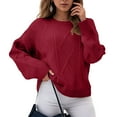 thumbnail image 2 of zaveiop Women's Clearance Oversized Cable Knit Crewneck Sweaters Ribbed Knit Loose Crewneck Cable Sweater Jumper Tops (Red, L), 2 of 5