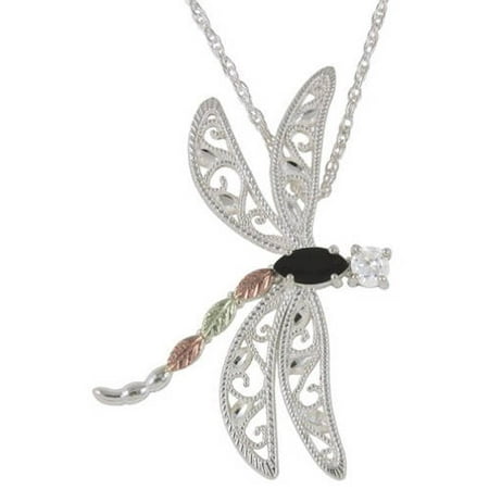 Black Hills Gold CZ and Onyx Sterling Silver Dragonfly Pendant, 18