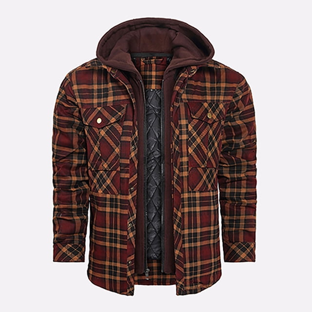 LOVZFMLL Jackets for Men's Winter Checkered With Button Pockets And Long Sleeved Hooded Casual Jacket