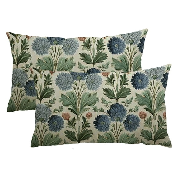 Heduofu Blue Green Print Lumbar Pillow Covers 12x20 Inch Set of 2, Vintage Floral Decorative Throw Pillow Cases Boho Cushion Covers Rustic Decoration Gift Farmhouse Sofa Couch Bed Decor