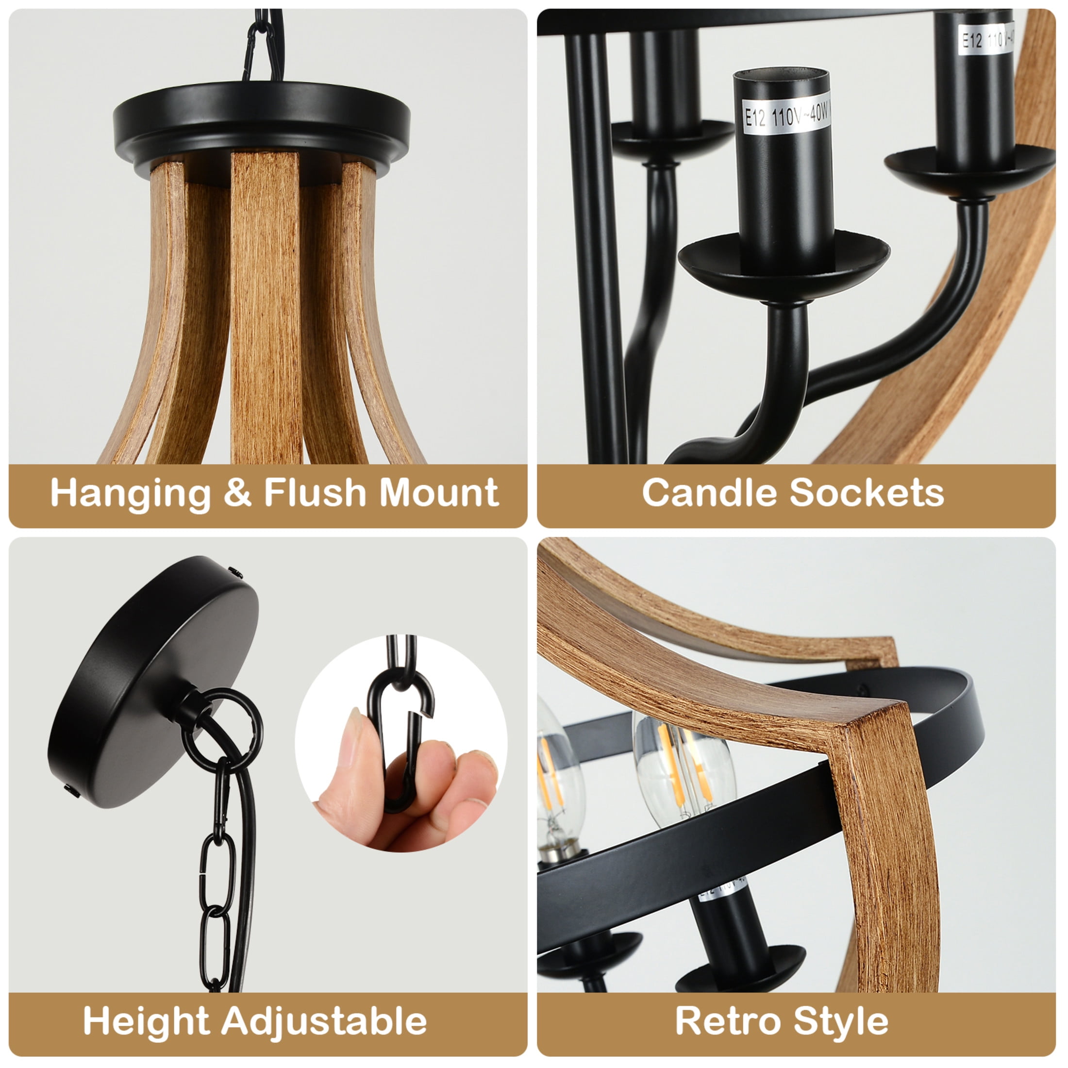 Noble House 17.7" 5-Light Farmhouse Wood Geometric Chandelier, Rustic Dining Room and Foyer Pendant Light, Brown