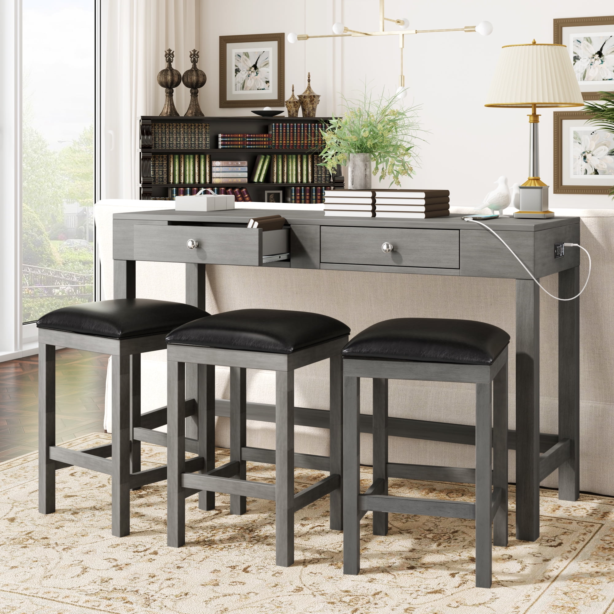 Counter Height Dining Set for 3, BTMWAY Wood Dining Set with Pub Dining Set with Storage Drawers and Charging Socket, Contemporary Kitchen Dining Set ...